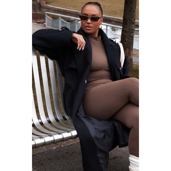 Plus Black Oversized Double Breasted Military Trim Coat