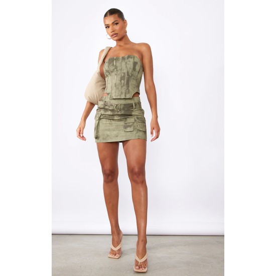 Khaki Washed Twill Cargo Micro Mini Skirt Khaki Washed Twill Cargo Micro Mini Skirt