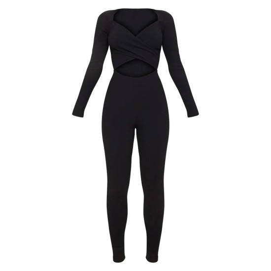 Black Rib Cross Over Long Sleeved Jumpsuit Black Rib Cross Over Long Sleeved Jumpsuit