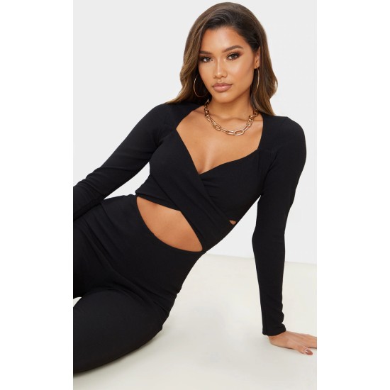 Black Rib Cross Over Long Sleeved Jumpsuit Black Rib Cross Over Long Sleeved Jumpsuit