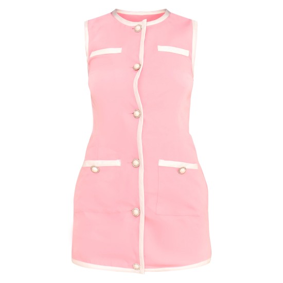 Pink Contrast Detailed Pearl Button Woven Romper Pink Contrast Detailed Pearl Button Woven Romper