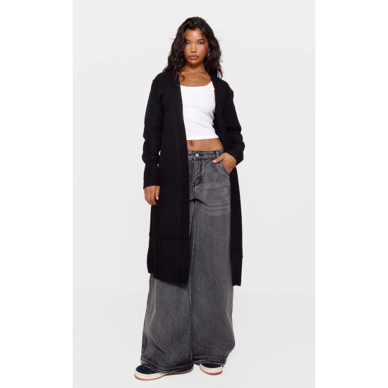 Black Ribbed Knitted Midi Cardigan Black Ribbed Knitted Midi Cardigan
