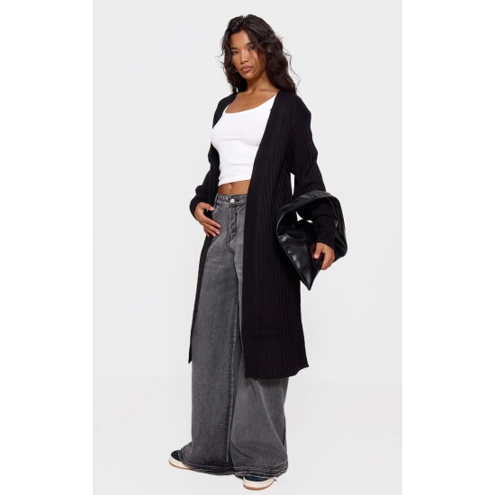Black Ribbed Knitted Midi Cardigan Black Ribbed Knitted Midi Cardigan