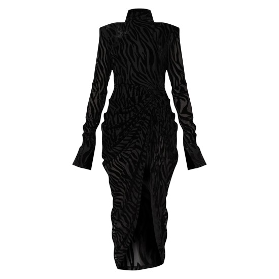 Black Zebra Print Devore High Neck Draped Midi Dress Black Zebra Print Devore High Neck Draped Midi Dress