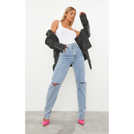 Vintage Light Blue Wash Slash Knee Long Leg Straight Leg Jeans Vintage Light Blue Wash Slash Knee Long Leg Straight Leg Jeans