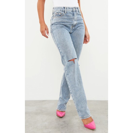 Vintage Light Blue Wash Slash Knee Long Leg Straight Leg Jeans Vintage Light Blue Wash Slash Knee Long Leg Straight Leg Jeans