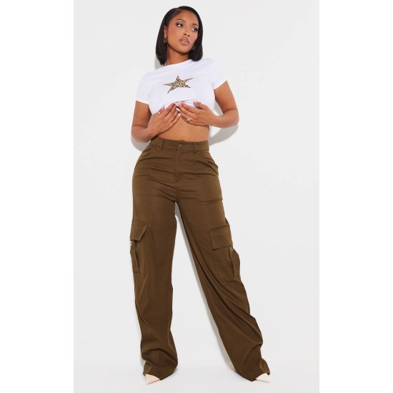 PRETTYLITTLETHING Shape Dark Khaki Green Buckle Detail Cargo Wide Leg Pants PRETTYLITTLETHING Shape Dark Khaki Green Buckle Detail Cargo Wide Leg Pants