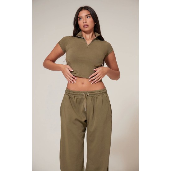Olive Washed Zip Up Rib Panel Top Olive Washed Zip Up Rib Panel Top