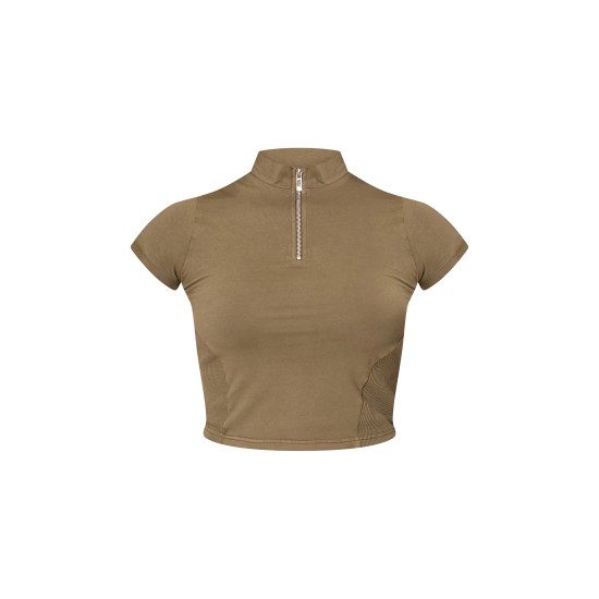 Olive Washed Zip Up Rib Panel Top Olive Washed Zip Up Rib Panel Top
