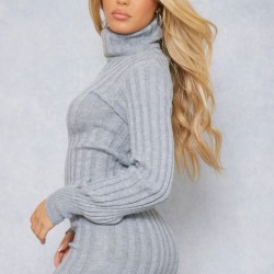 Grey Knitted Roll Neck Sweater Dress