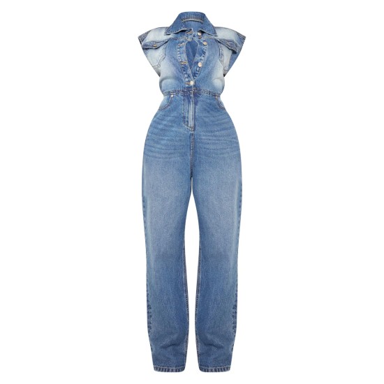 Shape Light Blue Sleeveless Rigid Denim Jumpsuit Shape Light Blue Sleeveless Rigid Denim Jumpsuit
