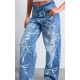 Light Blue Ribbon Detail Laser Print Jeans Light Blue Ribbon Detail Laser Print Jeans