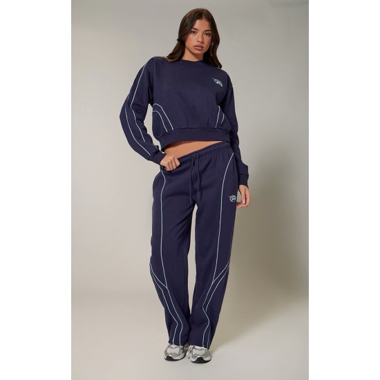 PRETTYLITTLETHING Navy Embroidered Contrast Piping Straight Leg Sweatpants PRETTYLITTLETHING Navy Embroidered Contrast Piping Straight Leg Sweatpants