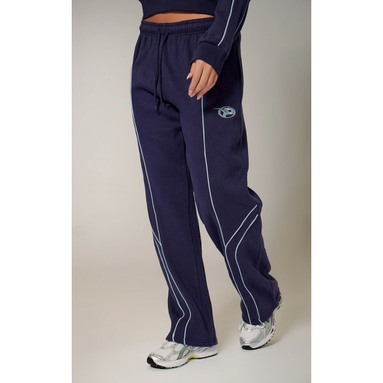 PRETTYLITTLETHING Navy Embroidered Contrast Piping Straight Leg Sweatpants PRETTYLITTLETHING Navy Embroidered Contrast Piping Straight Leg Sweatpants