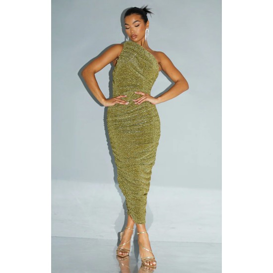 Gold Glitter Plisse Ruched One Shoulder Midi Dress Gold Glitter Plisse Ruched One Shoulder Midi Dress