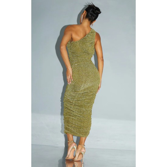 Gold Glitter Plisse Ruched One Shoulder Midi Dress Gold Glitter Plisse Ruched One Shoulder Midi Dress