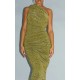 Gold Glitter Plisse Ruched One Shoulder Midi Dress Gold Glitter Plisse Ruched One Shoulder Midi Dress
