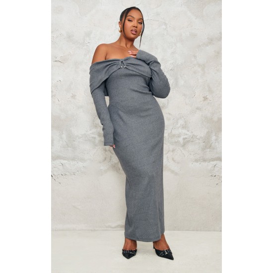 Plus Charcoal Heavy Brushed Rib Bardot Trim Maxi Dress Plus Charcoal Heavy Brushed Rib Bardot Trim Maxi Dress