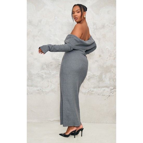 Plus Charcoal Heavy Brushed Rib Bardot Trim Maxi Dress Plus Charcoal Heavy Brushed Rib Bardot Trim Maxi Dress