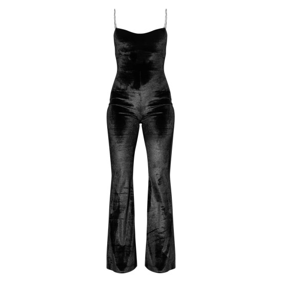 Black Diamante Strap Velvet Flared Jumpsuit Black Diamante Strap Velvet Flared Jumpsuit