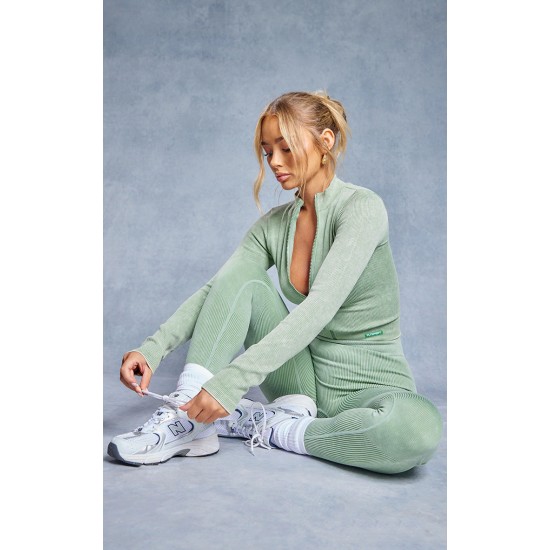 Khaki Acid Wash Seamless Rib High Waist Gym Leggings Khaki Acid Wash Seamless Rib High Waist Gym Leggings