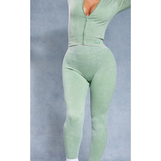Khaki Acid Wash Seamless Rib High Waist Gym Leggings Khaki Acid Wash Seamless Rib High Waist Gym Leggings