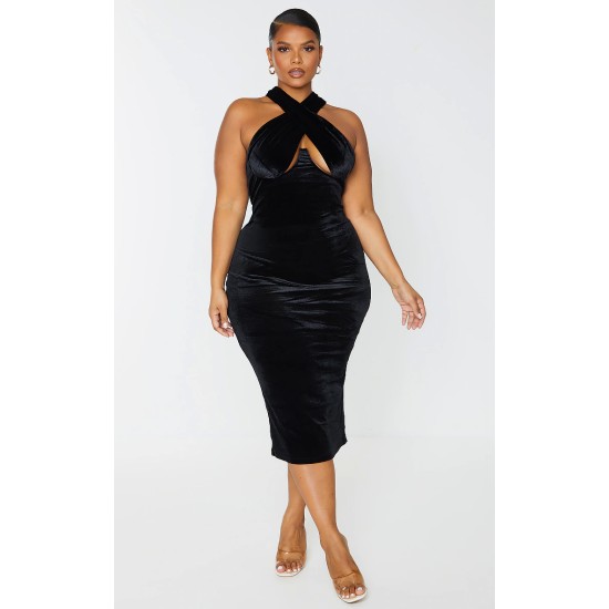 Plus Black Velvet Underwired Cross Front Midi Dress Plus Black Velvet Underwired Cross Front Midi Dress