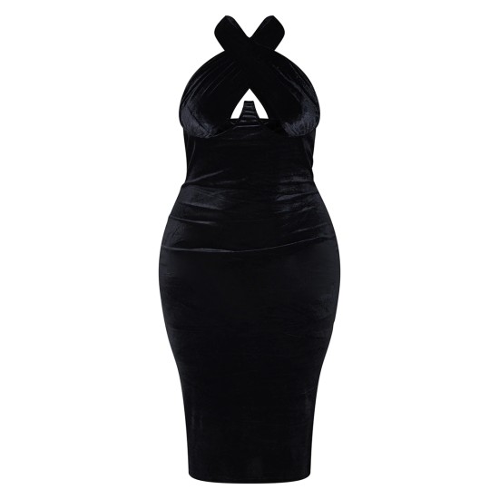 Plus Black Velvet Underwired Cross Front Midi Dress Plus Black Velvet Underwired Cross Front Midi Dress