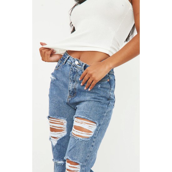 PRETTYLITTLETHING Mid Blue Ripped Mom Jeans PRETTYLITTLETHING Mid Blue Ripped Mom Jeans