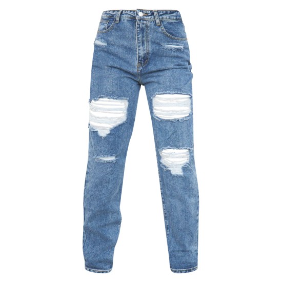 PRETTYLITTLETHING Mid Blue Ripped Mom Jeans PRETTYLITTLETHING Mid Blue Ripped Mom Jeans
