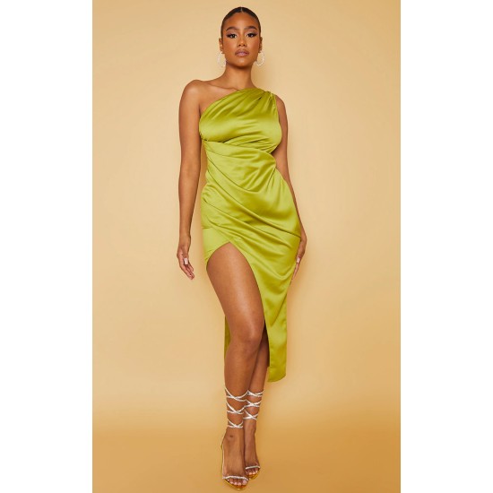 Olive Satin One Shoulder Pleat Detail Midi Dress Olive Satin One Shoulder Pleat Detail Midi Dress