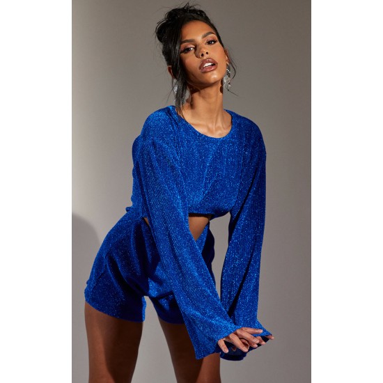 Bright Blue Glitter Plisse Flare Sleeve Cut Out Romper Bright Blue Glitter Plisse Flare Sleeve Cut Out Romper