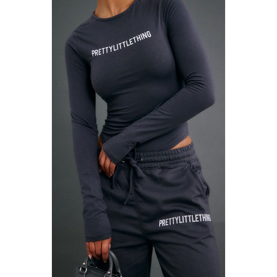 PRETTYLITTLETHING Charcoal Logo Print Long Sleeve Bodysuit PRETTYLITTLETHING Charcoal Logo Print Long Sleeve Bodysuit