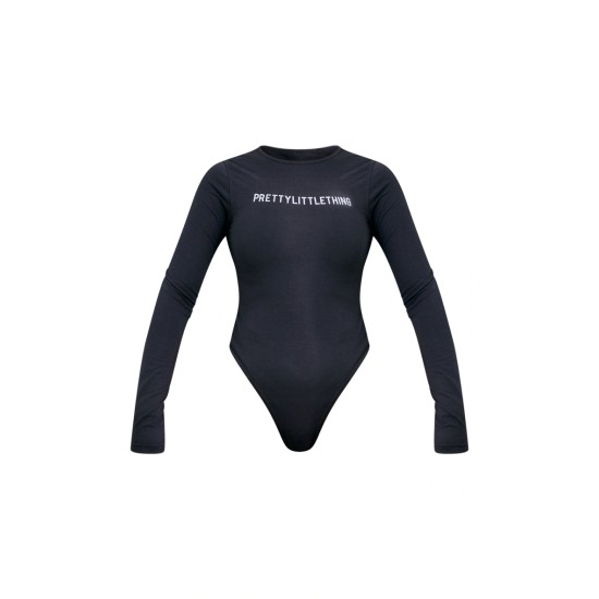 PRETTYLITTLETHING Charcoal Logo Print Long Sleeve Bodysuit PRETTYLITTLETHING Charcoal Logo Print Long Sleeve Bodysuit