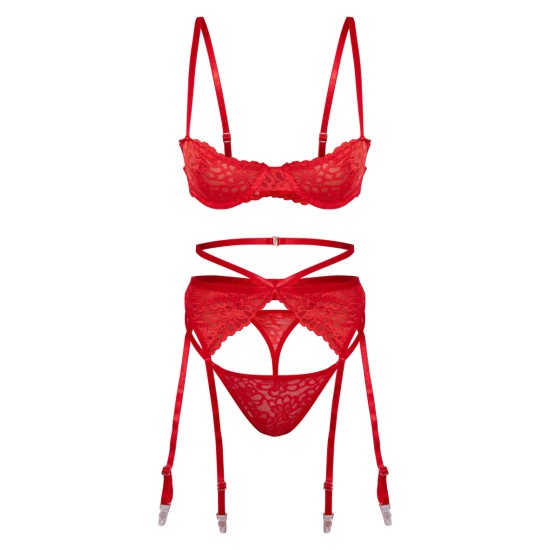Red Floral Scalloped Edge Lace 3 Piece Lingerie Set Red Floral Scalloped Edge Lace 3 Piece Lingerie Set