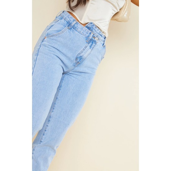 Light Blue Wash Asymmetric Waistband Long Straight Leg Jeans Light Blue Wash Asymmetric Waistband Long Straight Leg Jeans