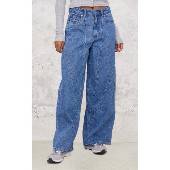 Mid Blue Wash Seam Detail Wide Leg Denim Jeans Mid Blue Wash Seam Detail Wide Leg Denim Jeans