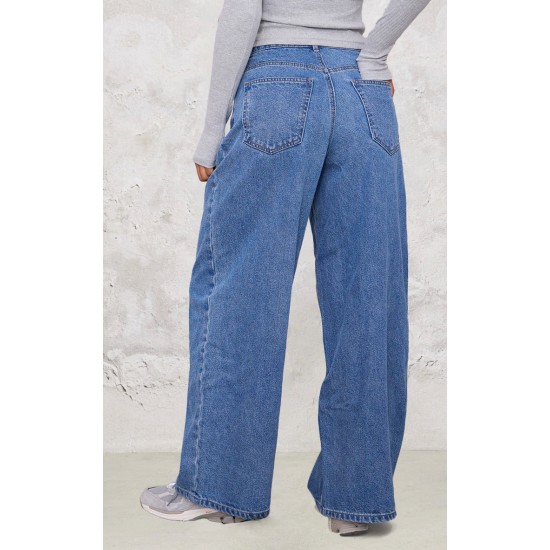 Mid Blue Wash Seam Detail Wide Leg Denim Jeans Mid Blue Wash Seam Detail Wide Leg Denim Jeans