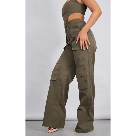 Khaki Twill Pocket Detail High Waist Cargo Pants Khaki Twill Pocket Detail High Waist Cargo Pants