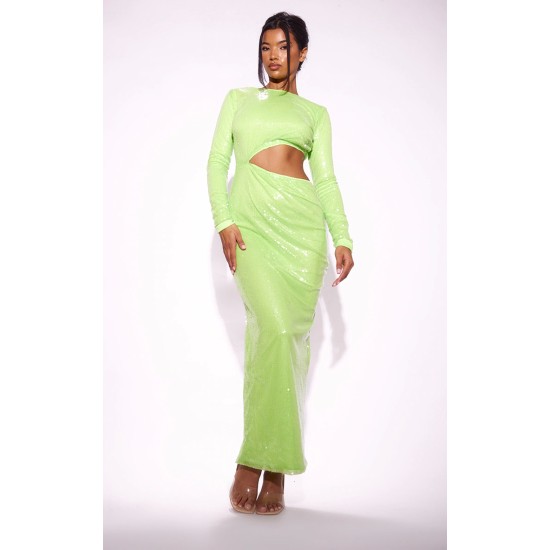 Lime Sequin Cut Out Long Sleeve Maxi Dress Lime Sequin Cut Out Long Sleeve Maxi Dress