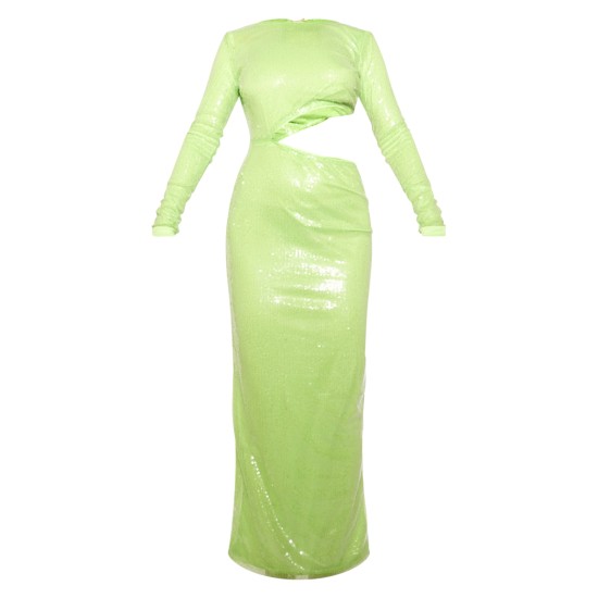 Lime Sequin Cut Out Long Sleeve Maxi Dress Lime Sequin Cut Out Long Sleeve Maxi Dress