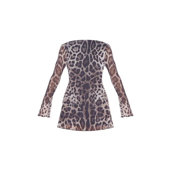 Leopard Mesh Long Sleeve Tie Back Shift Dress Leopard Mesh Long Sleeve Tie Back Shift Dress