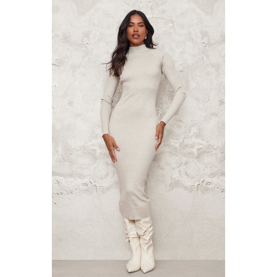 Stone Turtle Neck Knitted Bodycon Maxi Dress Stone Turtle Neck Knitted Bodycon Maxi Dress