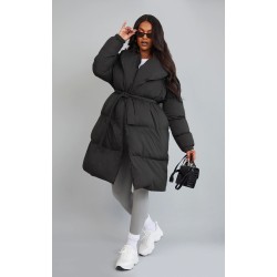 Maternity Black Oversized Collar Belted Longline Puffer Coat