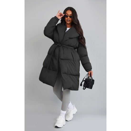Maternity Black Oversized Collar Belted Longline Puffer Coat Maternity Black Oversized Collar Belted Longline Puffer Coat