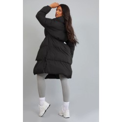Maternity Black Oversized Collar Belted Longline Puffer Coat