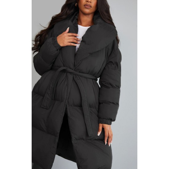 Maternity Black Oversized Collar Belted Longline Puffer Coat Maternity Black Oversized Collar Belted Longline Puffer Coat