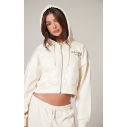 PRETTYLITTLETHING Cream Premium Print Zip Front Hoodie