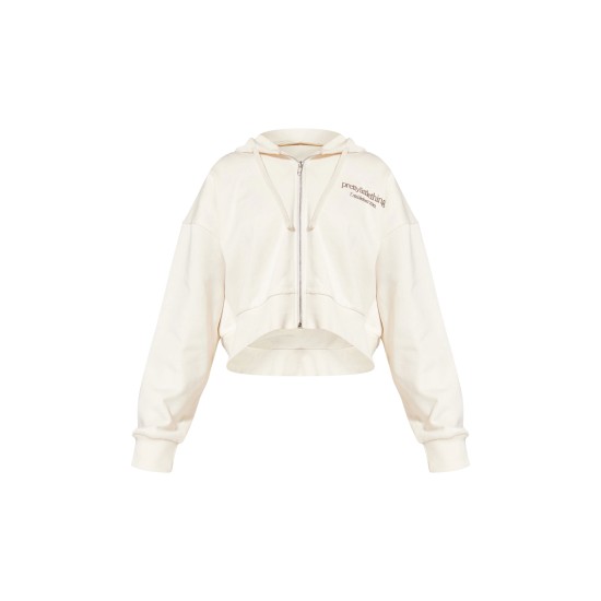PRETTYLITTLETHING Cream Premium Print Zip Front Hoodie PRETTYLITTLETHING Cream Premium Print Zip Front Hoodie