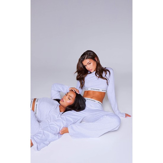 PRETTYLITTLETHING Tape Grey Marl Long Sleeve PJ Top PRETTYLITTLETHING Tape Grey Marl Long Sleeve PJ Top